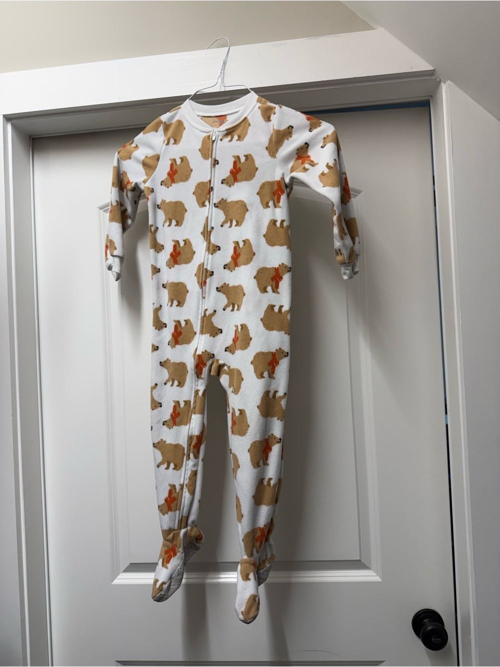 Carter's White Fleece Footed One-Piece with Tan Bear Print and Orange Accents